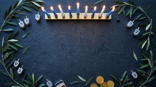 Hanukkah Menorah and Dreidels Slate Flat Lay