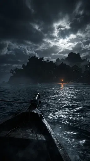 Boat Approaching Mysterious Island at Night