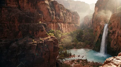 Golden Dawn Over Canyon Waterfall Oasis