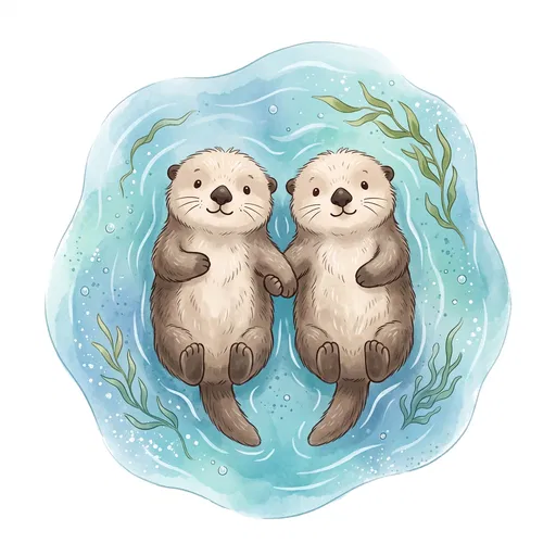 Two Cute Sea Otters Holding Paws Clipart