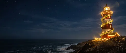 Festive Coastal Lighthouse Under Starry Night Sky