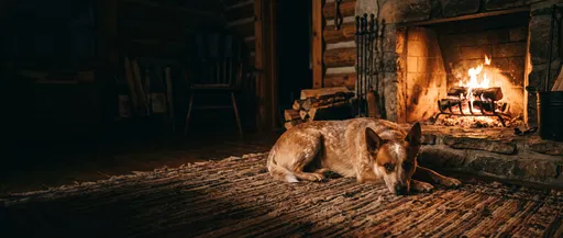 Red Heeler Resting by Cabin Fireplace
