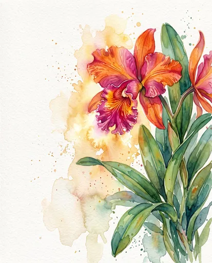 Watercolor Tangerine and Magenta Cattleya Orchid
