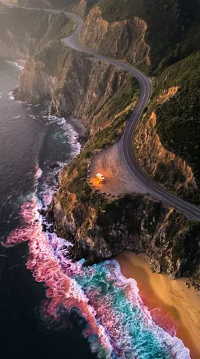Aerial View of Coastal Road and Campervan