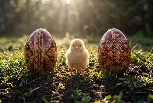 Yellow Chick Between Ornate Easter Eggs