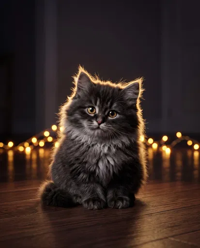 Fluffy Kitten with Warm Fairy Lights