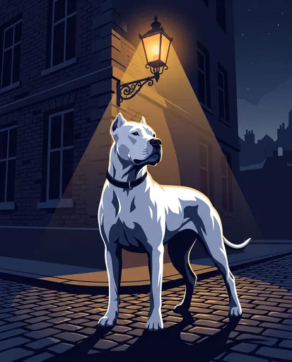 White Dogo Argentino Under Night Streetlamp