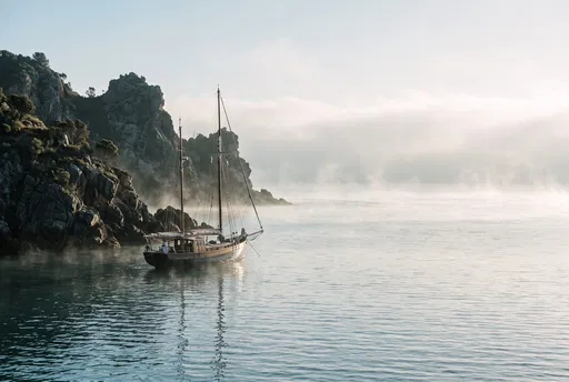 Wooden Sailboat Moored Near Misty Rocky Coast