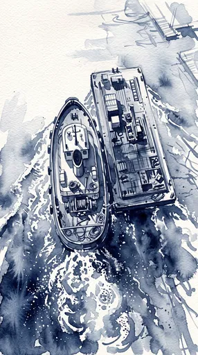 Indigo Watercolor Tugboat and Barge Overhead