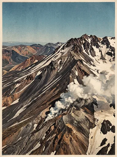 Vintage Lithograph of Steaming Volcanic Ridge