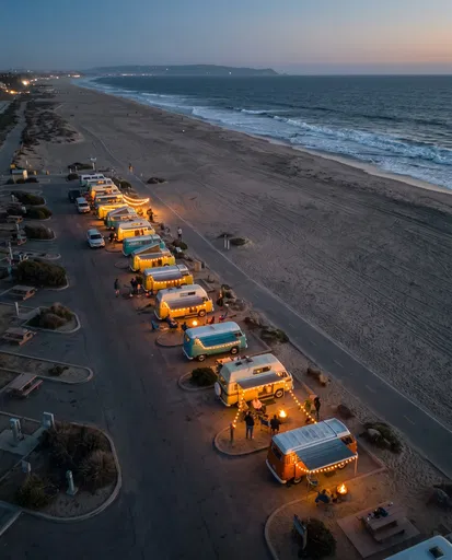 Vintage Camper Vans at Beachfront Twilight