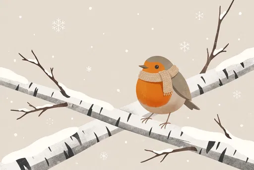 Robin in Scarf on Snowy Birch