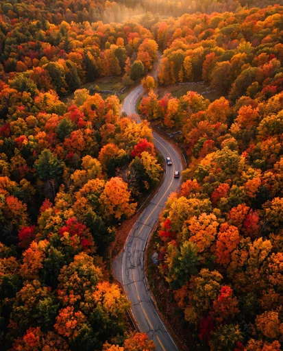 Aerial View of Winding Autumn Forest Road