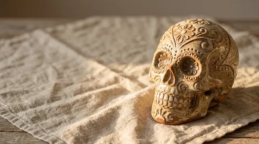 Artisanal Ceramic Sugar Skull on Linen