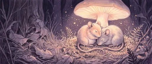 Two Mice Sleeping Under Glowing Mushroom