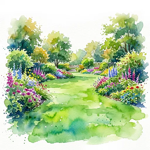 Watercolor Garden Lawn and Flowerbeds