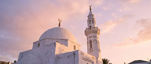 Whitewashed Mosque Dome and Minaret at Sunset