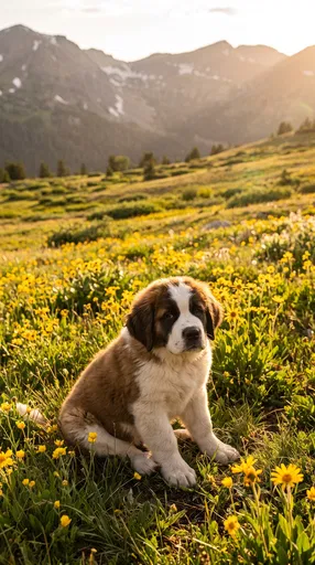 Saint Bernard Puppy in Alpine Meadow