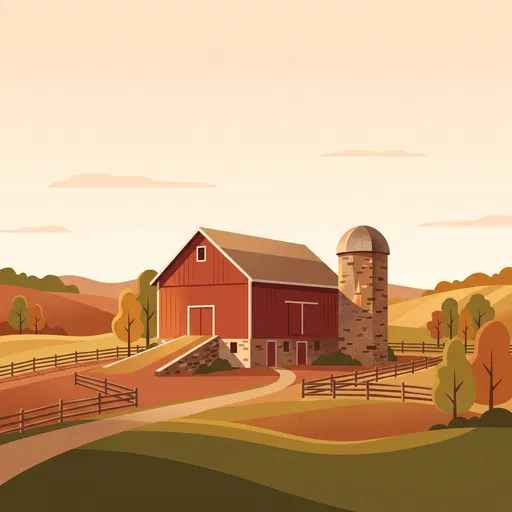 Red Barn and Stone Silo Illustration