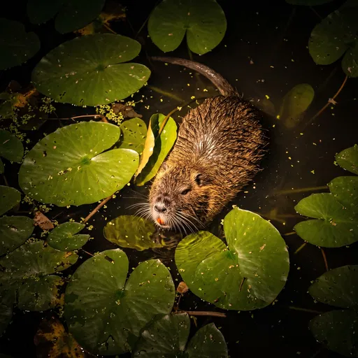 Nutria Swimming Among Green Water Lilies