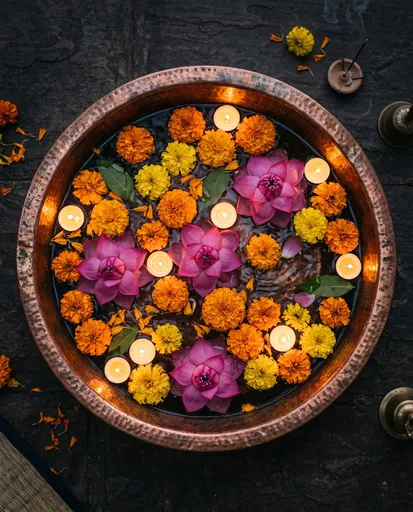 Copper Basin With Floating Flowers and Candles