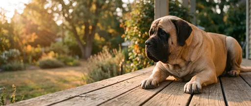 English Mastiff Resting on Wooden Deck