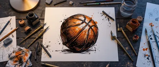 Basketball Ink Drawing on Artist Desk