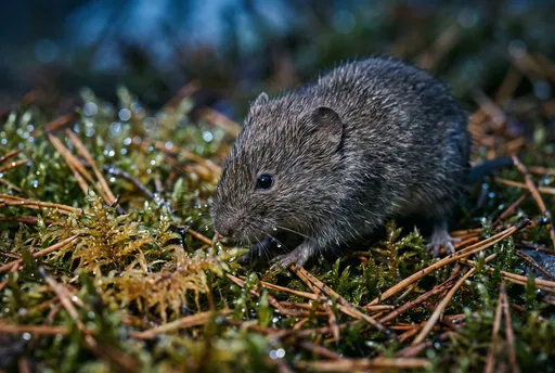 Field Vole Foraging on Dewy Moss