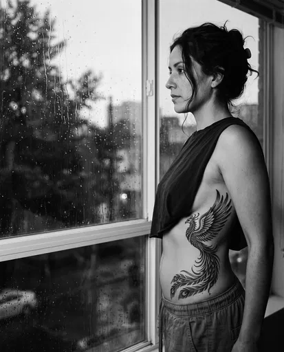 Woman With Phoenix Tattoo By Rainy Window