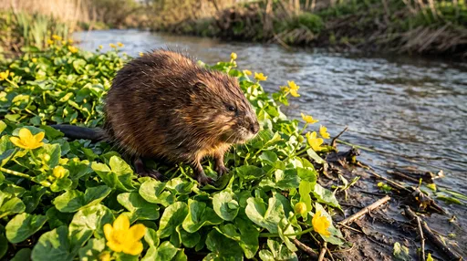 Muskrat Among Marsh Marigolds by Stream