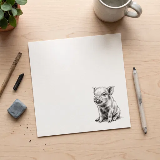 Overhead Workspace With Charcoal Piglet Sketch