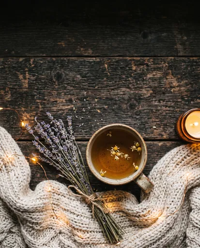 Cozy Chamomile Tea and Lavender Flat Lay