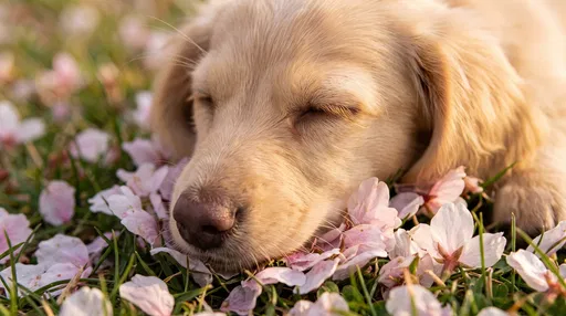 Sleeping Cream Puppy in Cherry Blossoms