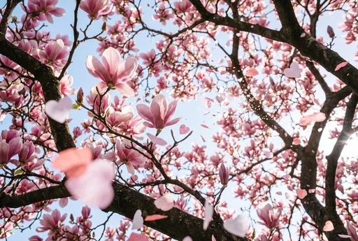 Blooming Pink Magnolia Branches With Floating Hearts