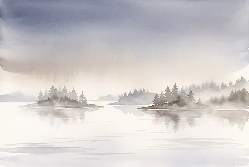 Watercolor Misty Pine Islands on Calm Lake