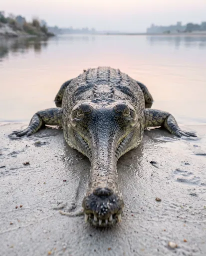 Gharial Crocodile Resting on Wet Riverbank