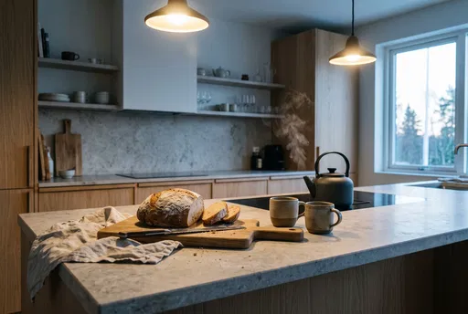 Sourdough Bread and Kettle in Scandinavian Kitchen