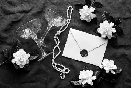 Monochrome Flat Lay With Envelope and Pearls