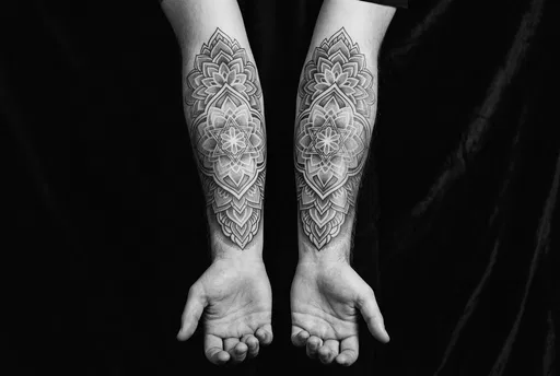 Symmetrical Geometric Dotwork Forearm Tattoos