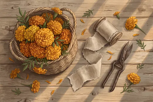 Marigold Basket and Shears Flat Lay Illustration