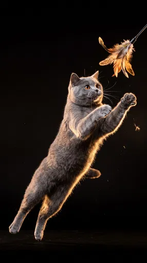 British Shorthair Cat Leaping for Feather Toy