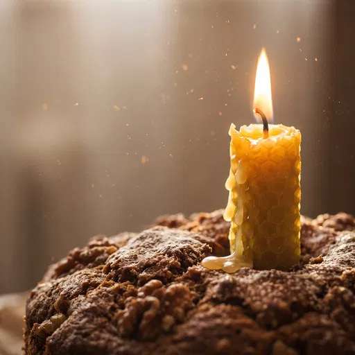 Lit Beeswax Candle on Rustic Walnut Cake
