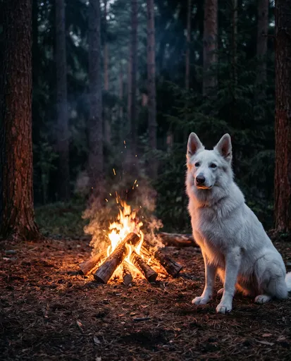 White Shepherd Sitting by Forest Campfire