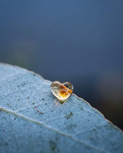 Heart-Shaped Dewdrop on Blue Leaf