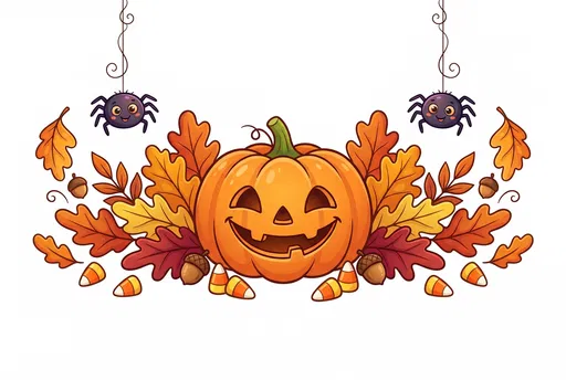 Cute Halloween Pumpkin and Autumn Leaves Clipart