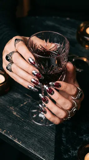 Gothic Silver Rose Nail Art Hands