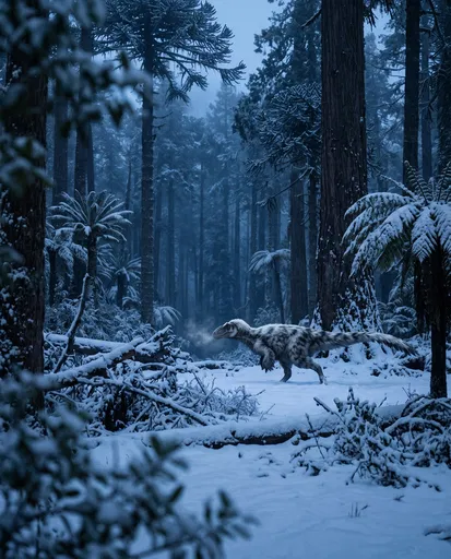 Feathered Dinosaur in Snowy Prehistoric Forest