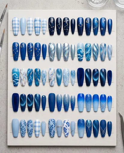 Blue Nail Art Tips Flat Lay Grid