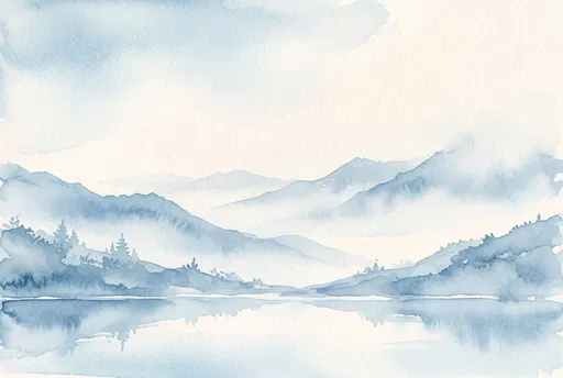Light Blue Watercolor Mountain Lake Landscape