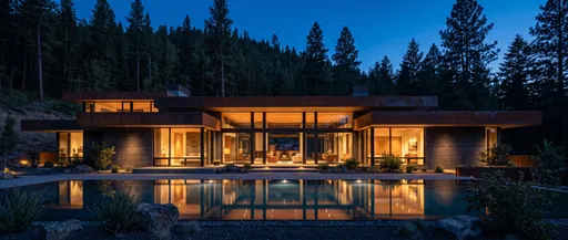 Modernist Forest Home Illuminated at Twilight